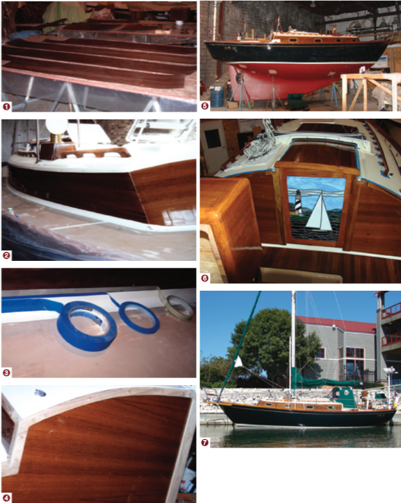 It took seven panels to cover the cabin sides: two on each side, two in the cockpit, and one at the bow (1 and 2). The veneer was taped on the bottom edge to allow for Alwgripping the deck (3); the transition at the cockpit by the companionway was handled with trim pieces (4). A gleaming Panache is an inspiration to all (5-7).