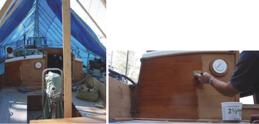 Work can continue during the off-season with the use of a good cover, at left. Applying the initial coat requires a stroke perpendicular to the grain, facing page. Then finish brushing it using long strokes with the grain.