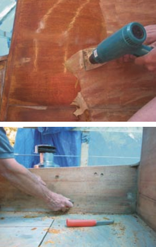 The first step involves using a stiff scraper and heat gun to remove the heaviest layer of varnish, at right above. A sun-bleached layer of wood is partially removed during scraping with a pull scraper, at right. This is the second step in the process.