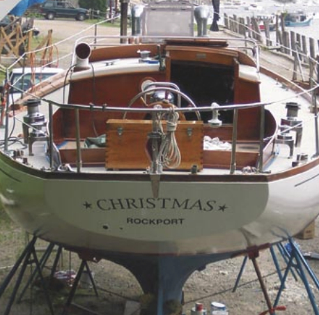 Freshly renewed coamings and cabin back on Tom’s classic Alden yawl. The deck box is at the midlife varnish cycle. The toerails are near the end of their coating life.