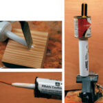 Prepare the empty caulk tube by cutting a little bit off of the end, at left top, so that the hole diameter is just a bit smaller than 1⁄8 inch. Plug the open end of the tube with a small dowel, at left bottom. Use an awl to make only one hole in the center of the bottom of the varnish can to allow varnish to drain into the caulk tube, at right. Make the hole from above, down through the liquid. After the hole is made, leave the awl in the hole; you may need to stop the flow when switching to another tube.