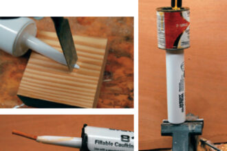 Prepare the empty caulk tube by cutting a little bit off of the end, at left top, so that the hole diameter is just a bit smaller than 1⁄8 inch. Plug the open end of the tube with a small dowel, at left bottom. Use an awl to make only one hole in the center of the bottom of the varnish can to allow varnish to drain into the caulk tube, at right. Make the hole from above, down through the liquid. After the hole is made, leave the awl in the hole; you may need to stop the flow when switching to another tube.