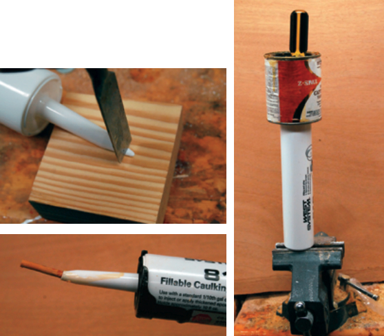 Prepare the empty caulk tube by cutting a little bit off of the end, at left top, so that the hole diameter is just a bit smaller than 1⁄8 inch. Plug the open end of the tube with a small dowel, at left bottom. Use an awl to make only one hole in the center of the bottom of the varnish can to allow varnish to drain into the caulk tube, at right. Make the hole from above, down through the liquid. After the hole is made, leave the awl in the hole; you may need to stop the flow when switching to another tube.