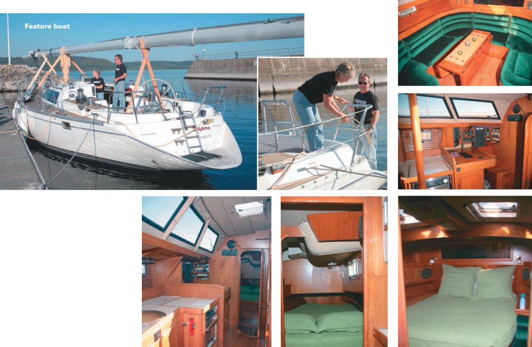 Stan and Kathy Sroga, on facing page, prepared Vespera, following her launch, the culmination of a grueling five-year refit. Stan used some non-traditional tricks to save time on this massive refit project. He salvaged the good portions of rotted bulkheads by cutting off the wet bottoms and setting them in ferroconcrete footings. He was just as creative with the teak deck repair and star-cracks on the topsides. Vespera required very little work to her interior, however. Her large U-shaped saloon is inviting as visitors step down the companionway. The navigation station is to starboard, nestled between a starboard-side galley and one of two aft cabins. One of these cabins is shown in the center photo at bottom. The largest cabin, shown at bottom right, is in the bow.