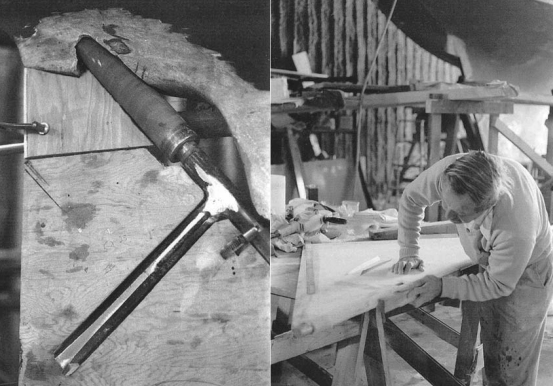 Hal knurled the rudder tube to ensure a good bond with the hull during installation, at top. Here a piece of scrap plywood is added to the hull as a base for glassing when the rudder area was lowered a little. The old aperture has been partially filled. Fairing the rudder, at right, was a slow, tedious job. A carefully scribed centerline, a long straight-edge, a red grease pencil, a large grinder, and lots of time and patience were the main ingredients. Hal found that a mixture of epoxy and micro-balloons was an ideal compound for the last five percent of the fairing. He put one layer of glass cloth and epoxy over the final product.