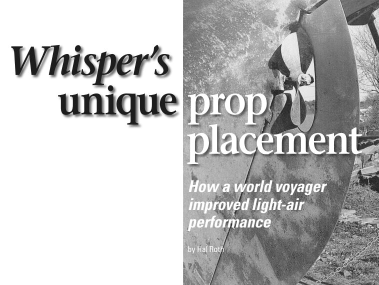 Whisper’s original rudder and propeller arrangement. Note the large aperture, marginal fairing, and fixed 2-bladed propeller. This is a conventional scheme and long a source of poor performance at low sailing speeds.