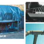 Joe has created an inexpensive, easy-to-store, and easy-to-erect winter tarp. While it may resemble the Cootie Bug toy, it is made of parts that are simple to obtain and articulate easily as the winter winds blow in the lonesome boatyard. Assembly details are shown on the facing page.