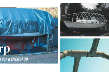 Joe has created an inexpensive, easy-to-store, and easy-to-erect winter tarp. While it may resemble the Cootie Bug toy, it is made of parts that are simple to obtain and articulate easily as the winter winds blow in the lonesome boatyard. Assembly details are shown on the facing page.