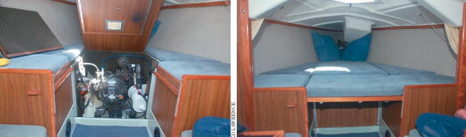 Lifting the center panel of the V-berth, at left, provides excellent access to the single-cylinder Yanmar diesel engine. During the late 1970s, Yanmar manufactured three models of small, horizontal diesels. When restored to its full size, the V-berth, at right, is very spacious. A portable toilet is located underneath the seat cushion to starboard.
