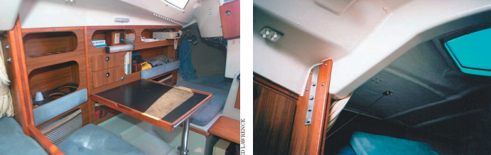 A convertible dinette to port sleeps one person, at left. The woodwork and other finishing details are generally well done. On a small boat, where there isn’t enough beam for an off-center cabin layout, there is no bulkhead or compression post to transfer the rigging loads to the hull and keel. On the Yamaha 25, a massive fiberglass arch, at right, integrated with the main bulkhead, does the job.