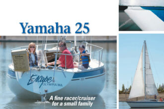 The Yamaha 25, facing page, was designed during the heyday of the IOR, a rating rule that treated beam favorably because it tends to add wetted surface area. George Zimmerman and family sail Escape. George maintains the Yamahasailboats.org website. This closeup of the bow, above right, shows the recess or channel that runs the perimeter of the hull-to-deck joint, which is through-bolted forward, and fastened with Monel rivets everywhere else. An adhesive adds strength as well as making the joint watertight. Boats designed to the IOR, at right, have small mainsails and large foretriangles, resulting in big genoas that provide much of the driving power. On larger boats, they can be hard to sheet home on a windy day.