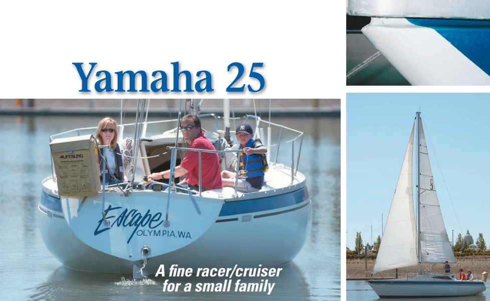 The Yamaha 25, facing page, was designed during the heyday of the IOR, a rating rule that treated beam favorably because it tends to add wetted surface area. George Zimmerman and family sail Escape. George maintains the Yamahasailboats.org website. This closeup of the bow, above right, shows the recess or channel that runs the perimeter of the hull-to-deck joint, which is through-bolted forward, and fastened with Monel rivets everywhere else. An adhesive adds strength as well as making the joint watertight. Boats designed to the IOR, at right, have small mainsails and large foretriangles, resulting in big genoas that provide much of the driving power. On larger boats, they can be hard to sheet home on a windy day.