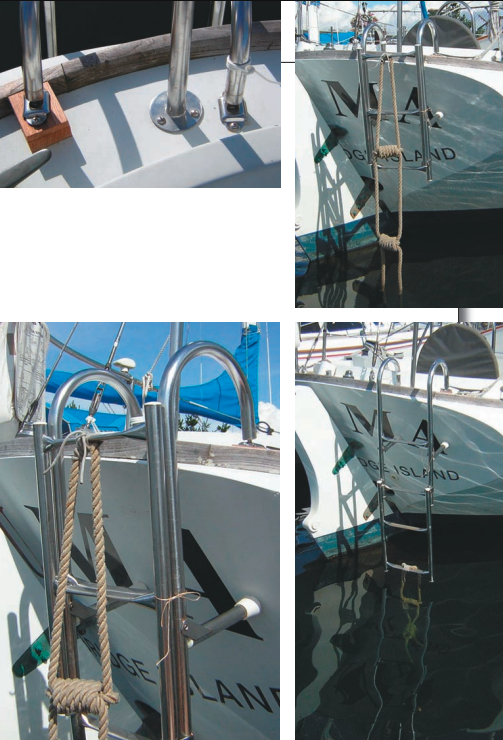 The ladder mounted in special stern chocks, above. The singlehanded cruising position with the rope ladder lashed to the stainless-steel ladder, with rope ends dangling in the water, at right. The rope ladder lashed to the lower stainless-steel ladder rung, below. Note the sail-twine tie. The singlehanded crew-overboard ladder deployed, below right.
