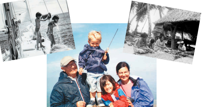 Doina Cornell, daughter of Jimmy Cornell, cruised with her family for six years beginning at age 7. She is shown here with her brother, Ivan, above left; learning about local cultures, above right; and grown up with her husband and children, above center.