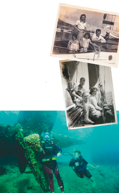 Tere Batham’s father, Jack Carstarphen, was one of the founders of the Seven Seas Cruising Association, Tere with her family, in top photo. Jack’s advice was to have a dream, work to realize it, and make another. After they met in the Caribbean, Tere married Michael Batham, another young cruiser, shown with his family in center photo. The two continue to cruise, bottom photo.
