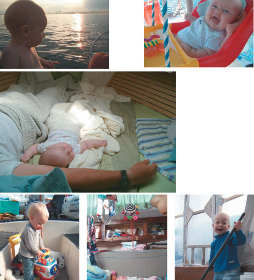 Little Lochlan, above and in photos of toddler on facing page, began learning about boating at a very early age. His parents, Angie and Todd Redhead, moved aboard soon after he was born. Sophia, at left and in photos of infant on facing page, has never lived anywhere else but aboard an Alberg 30 with her parents, Ellen and John Landrum.