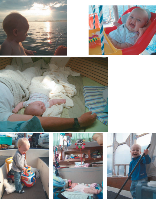 Little Lochlan, above and in photos of toddler on facing page, began learning about boating at a very early age. His parents, Angie and Todd Redhead, moved aboard soon after he was born. Sophia, at left and in photos of infant on facing page, has never lived anywhere else but aboard an Alberg 30 with her parents, Ellen and John Landrum.