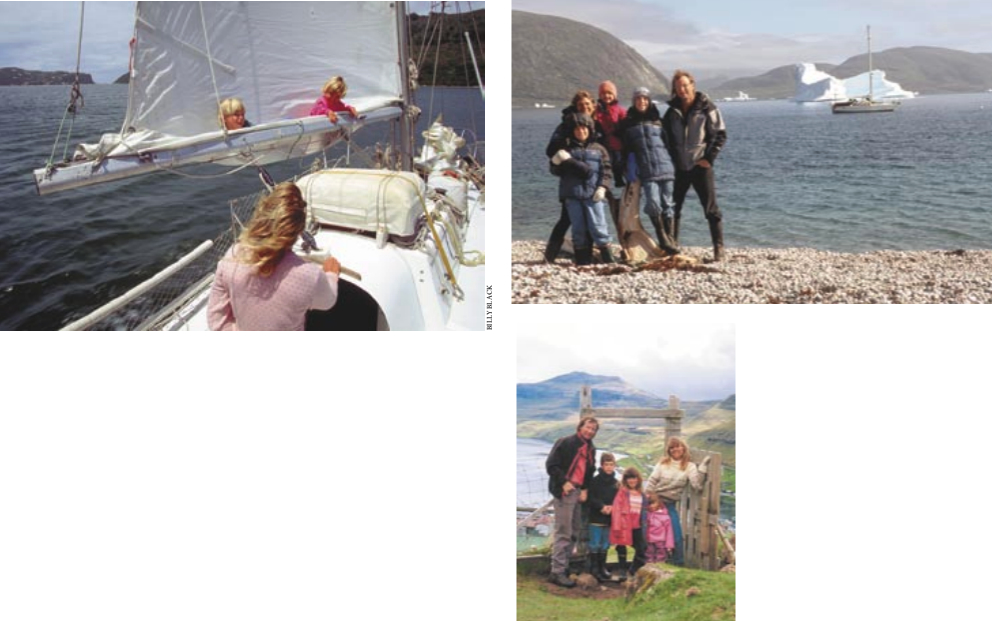 The Martin family members are living (metaphorically anyway) with one foot in a seaboot and one in a hiking boot. For years, they wandered the globe from east to west and from south to north (see map on Page 32). They are pictured above sailing in South Africa and on facing page in Spitsbergen and hiking in the Faroe Islands.