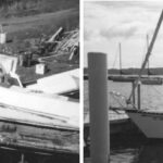 Daryl, Bob’s Zen Master, works to scrap a Hunter 34, above. After salvaging the parts, he disposed of the hull by cutting it up with a chain saw and putting the sections in a rented dumpster. Bob purchased the Hunter 25, on facing page, for $400 and sold it for $4,000.