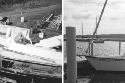 Daryl, Bob’s Zen Master, works to scrap a Hunter 34, above. After salvaging the parts, he disposed of the hull by cutting it up with a chain saw and putting the sections in a rented dumpster. Bob purchased the Hunter 25, on facing page, for $400 and sold it for $4,000.