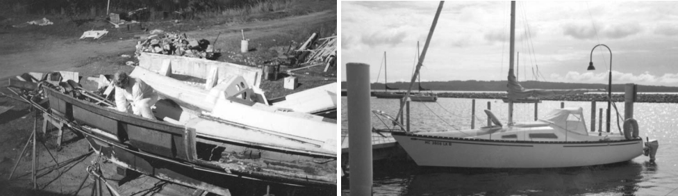 Daryl, Bob’s Zen Master, works to scrap a Hunter 34, above. After salvaging the parts, he disposed of the hull by cutting it up with a chain saw and putting the sections in a rented dumpster. Bob purchased the Hunter 25, on facing page, for $400 and sold it for $4,000.