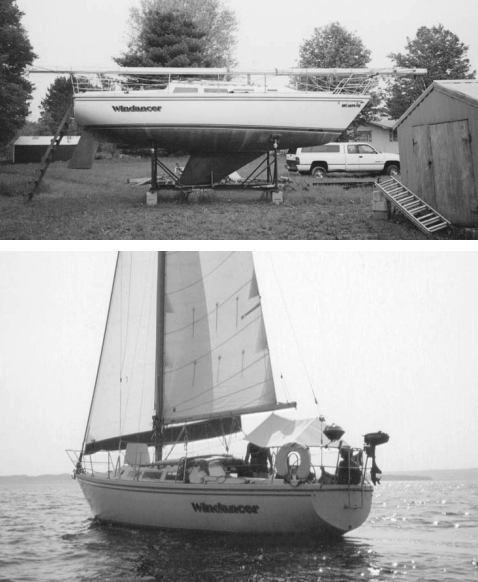 Windancer, Bob’s Catalina 30, home from an auction sale, below, and underway later, at bottom. The auction price was $6,000.