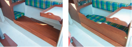 The starboard settee, at left above, also received a bunk board addition. This board does not double as a berth extension, however. The barrel bolt at the forward end is on the inside, as the edge of the board is flush with the edge of the bulkhead. The fiddle is fixed and adds strength.