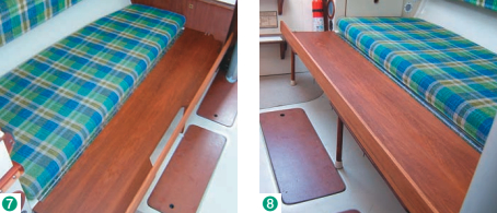 The main cushion is in place in the berth extension mode (7). There’s plenty of space in the cabin with the berth extension deployed (8).