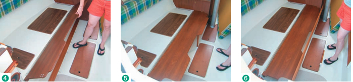 Andie unbolts the bunk board and lets it swing down into berth extension mode (4). The forward end of the berth extension rests on a block in the bulkhead (5). The fiddle will retain the new insert cushion, yet to be made (6).
