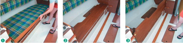 To turn the port settee into a single berth with a bunk board or a double berth with extension, Phillip’s wife, Andie, removes the fiddle from its mounts (1). The extension board lies flat (more or less) under the cushion (2). There’s a gap between the fiddle mounting strip and the board, so the board has room to swing all the way out (3).