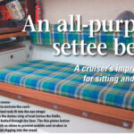 The Reids’ three-in-one berth in its settee configuration with the removable fiddle set in place to restrain the cushion. The fiddle’s short steel rods fit into the eye straps through-bolted through the darker strip of teak below the fiddle, which itself is through-bolted through the liner. The thin plates below the eye straps serve both as shims to prevent wobble and strakes to prevent the rod ends from digging into the wood.