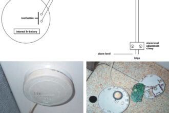 Solder the wires across the test switch, above. This inexpensive alarm serves two important functions: it works as a smoke detector while monitoring your bilge for high water.