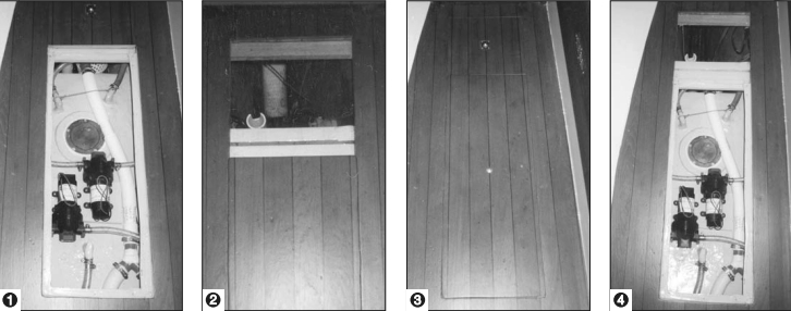 The first access hole (1) was large enough to make water tank access easy but too small to reach the pump strainer. David extended the opening in the cabin sole by a foot (2 and 4), which solved the access problem, but added a new complication: how to match the teak blackline sole? He matched up both hatches and scribed matching black lines with a permanent marker on the teak laminate used to build his new hatch. Once the varnish coats were completed (3), no one can tell the new hatch was constructed at a later date and from different materials.