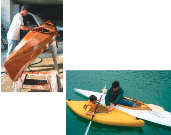 Frank builds the Pygmy Boat kayak kit, above. At right below, Frank is in Gull, and Logan (then about age 6 or 7) is in Ducky. Gull is a one-person kayak designed by Frank. Ducky is one of two plastic kayaks that are training the next generation of Reveil paddlers.