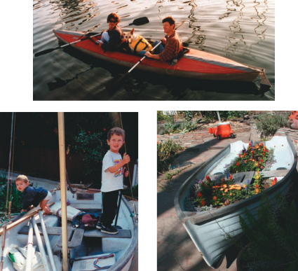 The Folbot, affectionately named Le Paradis, top, cheerfully carried two adults, a dog, and a small boy before she gave her life valiantly. Dark Cloud, both bottom photos, had a checkered past and a nasty disposition. She was better suited as a backyard swimming pool and finally a flower box.