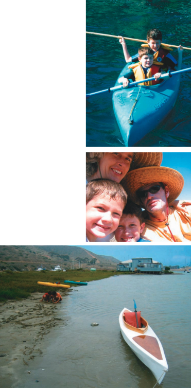 Kennan and Logan, top, paddle Froggy together. The whole Reveil gang, center. Pelican, at right, takes the foreground, while Ducky and Froggy have deposited a couple of beachcoamers on the shore. Pelican is a 1.5-person kayak designed by Frank Reveil to meet the ongoing needs of his growing family.