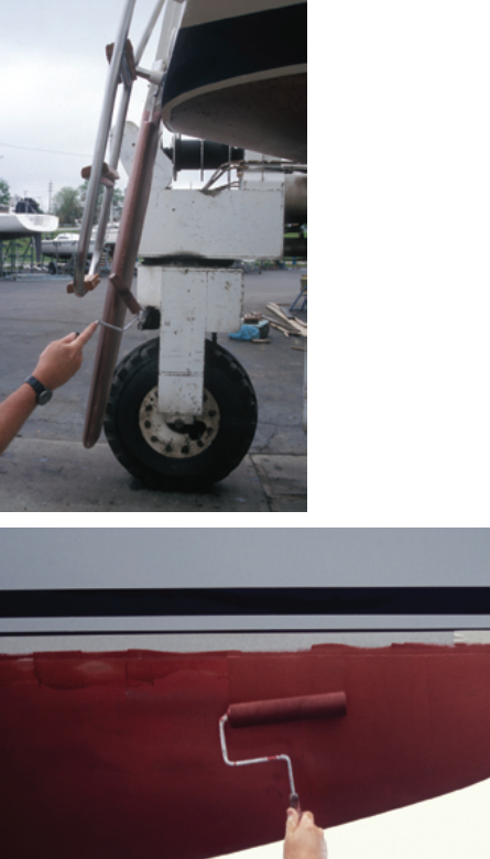 When you’re rushing to paint the bottom before launching your boat, remember to give the leading and trailing edges of the rudder and keel an extra coat, at left, including the area at waterline. The paint here will experience the most turbulence and will wear more quickly. After the masking tape has been applied to the boot stripe, begin at the bow, below, rolling up and down, then sideways. Don’t forget to stir the paint often. Kneepads and a roller extension help.