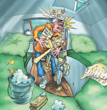 Illustration of someone hitting their head on a bulkhead