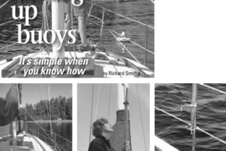 Beth Smith points at the buoy on the final approach, at left. Below: Approaching Eagle Island State Park mooring buoy, left. Boathook inserted into top ring on shroud, center. Bottom end of boathook in shroud ring, right. Facing page: Blake Island buoy streaming kelp in strong current, left. Attaching 3⁄4 -inch mooring bridle to bow cleat with improvised chafing gear in chocks, center. Flipping the buoy ring to untwist the mooring line, right.