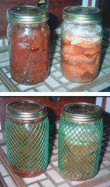Finished and waiting for a mealtime possibly months into the future: a ground beef and tomato mixture, at the left, and layers of pork chops, to the right. In bottom photo, these are wrapped in protective mesh sleeves and are ready to be packed in crates.