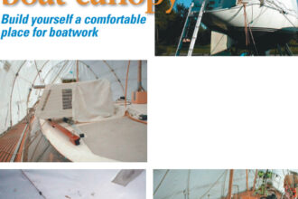 If you’re working for the fun of it, you deserve an enclosed and enjoyable place to spend your time. With air conditioning you can still work in comfort during the hot summer months. An inexpensive home air conditioner can be substituted for the spendy marine unit pictured at left. As the winds pick up, the support posts, shown on facing page, need a way to freely move around.