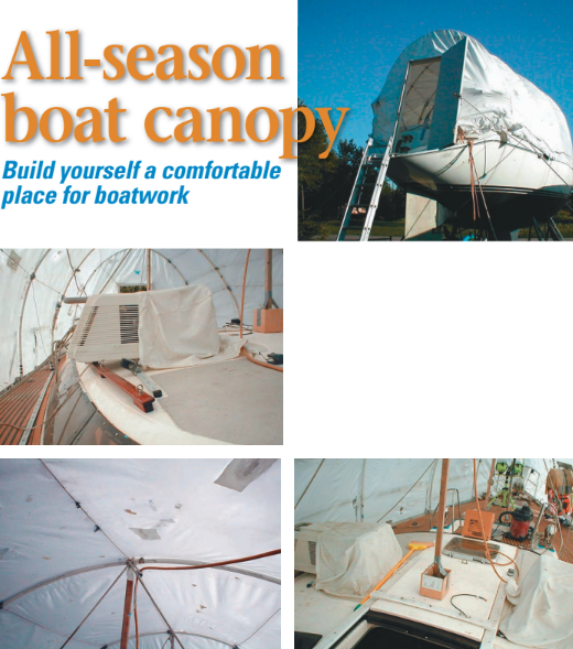 If you’re working for the fun of it, you deserve an enclosed and enjoyable place to spend your time. With air conditioning you can still work in comfort during the hot summer months. An inexpensive home air conditioner can be substituted for the spendy marine unit pictured at left. As the winds pick up, the support posts, shown on facing page, need a way to freely move around.