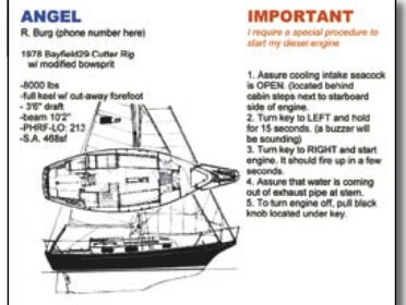 Rebecca Burg is a lot more comfortable when friends are using her boat and when professionals are handling it at haulout time now that she has created a boat card, shown above, with vital information about operating the engine and placing the lifting straps.