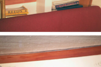 Ralph used aromatic cedar strips, available from most lumberyards and home-supply stores, to line the hull in the saloon, above, and to trim the V-berth, below. He also lined the insides of some lockers and cabinets of his Cheoy Lee Clipper 36. The strips are milled with shiplapped edges to make it easy to overlap them side-to-side as well as to install them end-to-end. The material is inexpensive and offers a pleasant aroma of cedar, which is not overpowering.