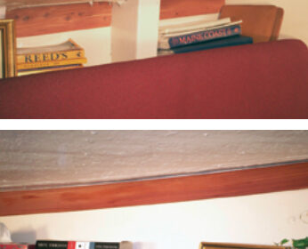 Ralph used aromatic cedar strips, available from most lumberyards and home-supply stores, to line the hull in the saloon, above, and to trim the V-berth, below. He also lined the insides of some lockers and cabinets of his Cheoy Lee Clipper 36. The strips are milled with shiplapped edges to make it easy to overlap them side-to-side as well as to install them end-to-end. The material is inexpensive and offers a pleasant aroma of cedar, which is not overpowering.