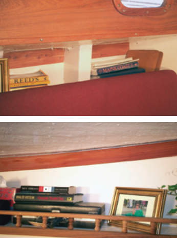 Ralph used aromatic cedar strips, available from most lumberyards and home-supply stores, to line the hull in the saloon, above, and to trim the V-berth, below. He also lined the insides of some lockers and cabinets of his Cheoy Lee Clipper 36. The strips are milled with shiplapped edges to make it easy to overlap them side-to-side as well as to install them end-to-end. The material is inexpensive and offers a pleasant aroma of cedar, which is not overpowering.