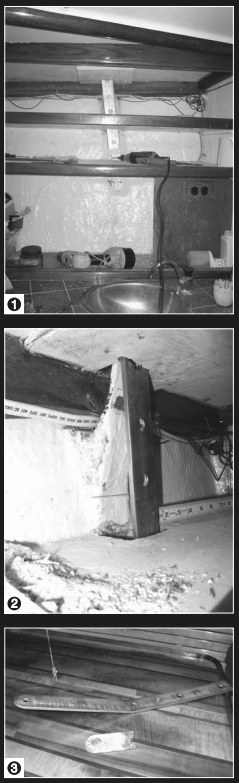 After 26 years fiberglassed to the inside of the hull, Eurisko’s chainplate fittings were giving out. When the first one broke, Dave tore into the head locker to learn more about what had happened (1). Not wanting to remove what was left of the existing (but broken) chainplate, Dave had a replacement made and bolted that new piece to the old. Note the plate at the deck (2) and the broken piece with the replacement (3).