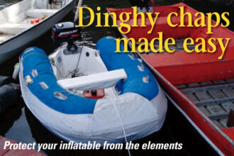 Without protection from dinghy chaps, inflatable sport boats are damaged by abrasion, fuel, and UV radiation, especially when used in the tropics. These dinghy chaps, on facing page, incorporate extensive areas constructed of vinyl material for protection against chafing hazards.