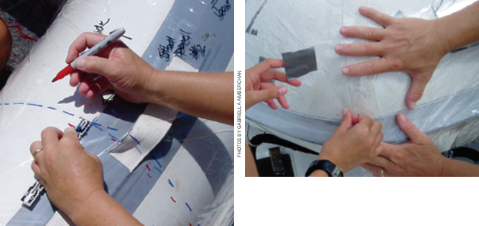 Use a small metal ruler with an adjustable reference to rapidly label a panel cut line relative to a seam line, at left. Use small pieces of duct tape to secure clear plastic patterning material to the dinghy for a snug fit, above.