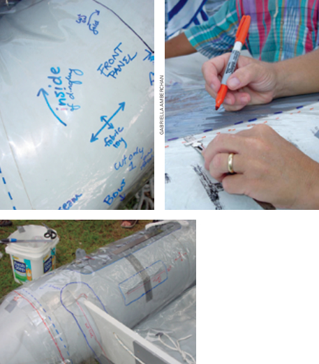 Pattern pieces should be labeled generously with information such as panel name, orientation, fabric lay, and so on, at left above. Notes for cut lines and seam lines should be made in different colors and the chosen labeling scheme should remain consistent throughout the pattern, at right above. All pattern pieces should be left secured to the dinghy until the patterning process is complete, at left.